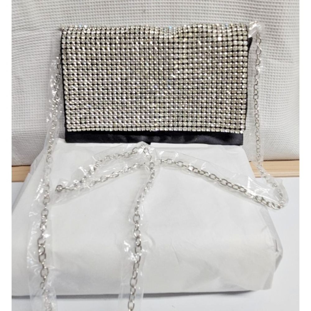 Amber Sceats Stella rhinestones silver front Satin back‎ clutch chain crossbody